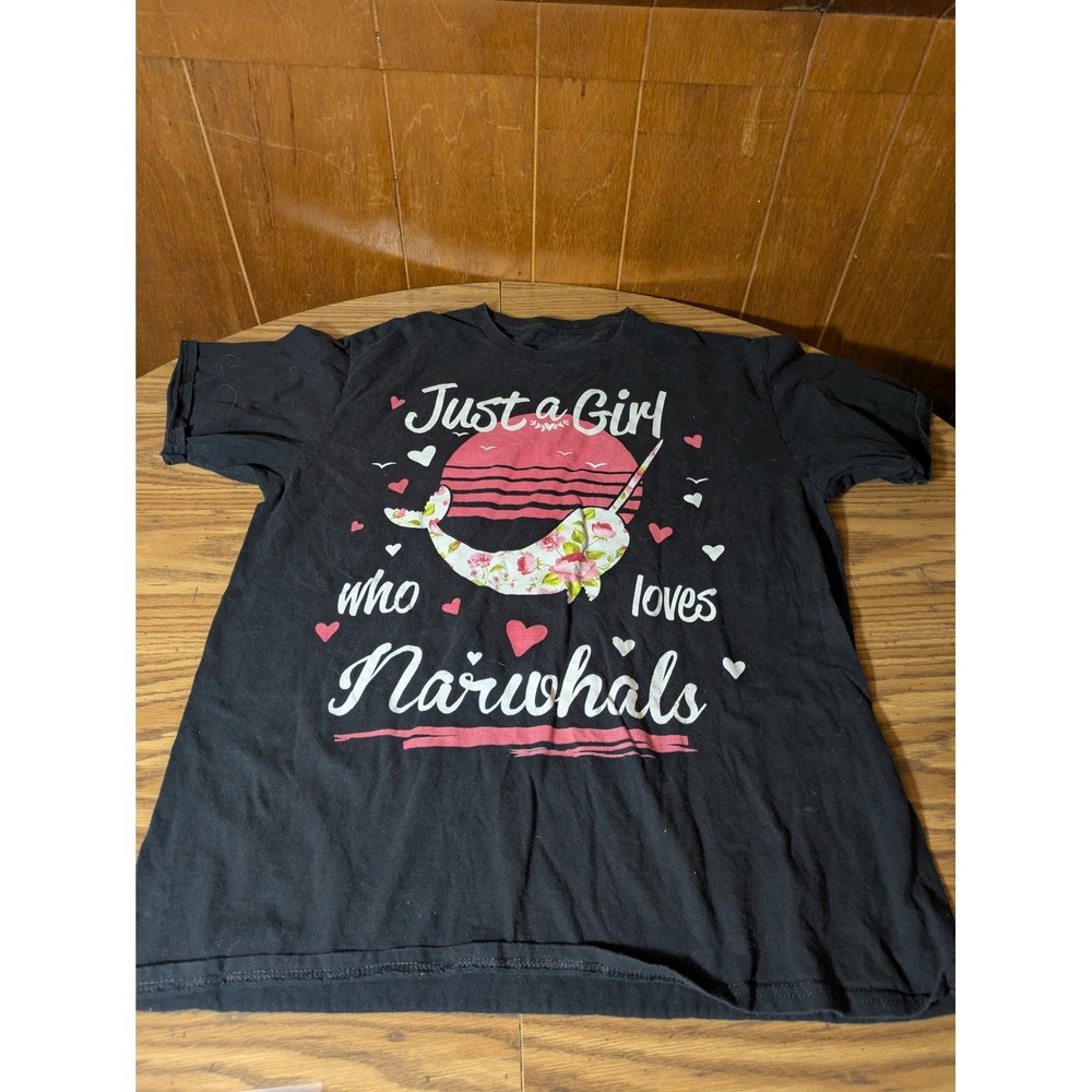 Just a Girl Who Loves Narwhals Graphic T-Shirt Black Floral Pink Medium Fit